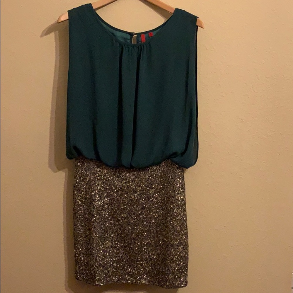 Emerald green + gold sequin cocktail dress